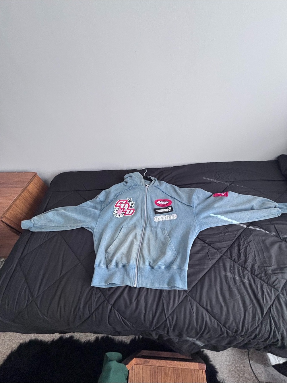 Men's Light Blue Hooded Zip Jacket with Patches